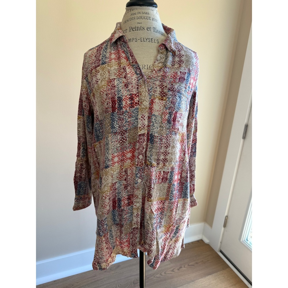 Caffe Marrakech Womens Tunic Top Long Sleeve Button Front Multicolor L
